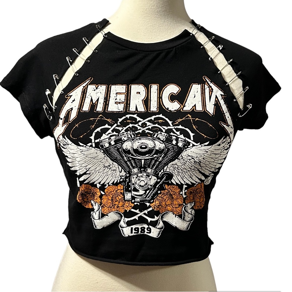 Sexy Biker Chick Motorcycle Engine Crop Top with Safety Pins Size Large